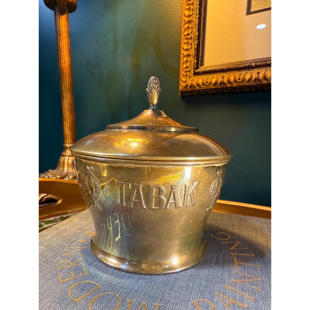 Vintage Brass Tabak Tobacco Jar with Lid European Brass Canister 6 Inch - Picture 11 of 11